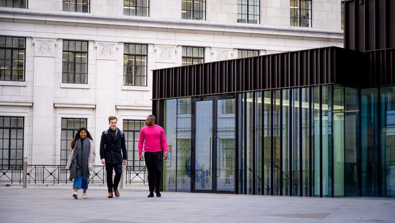 Schools & Colleges Liaison image of students walking in the bush house courtyard.