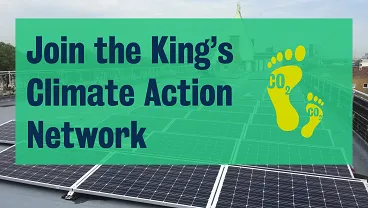 Infographic against a background of solar panels with the text "Join the King's Climate Action Network" in a green rectangular box. There is an icon of footprints next to it with CO2 written on it.