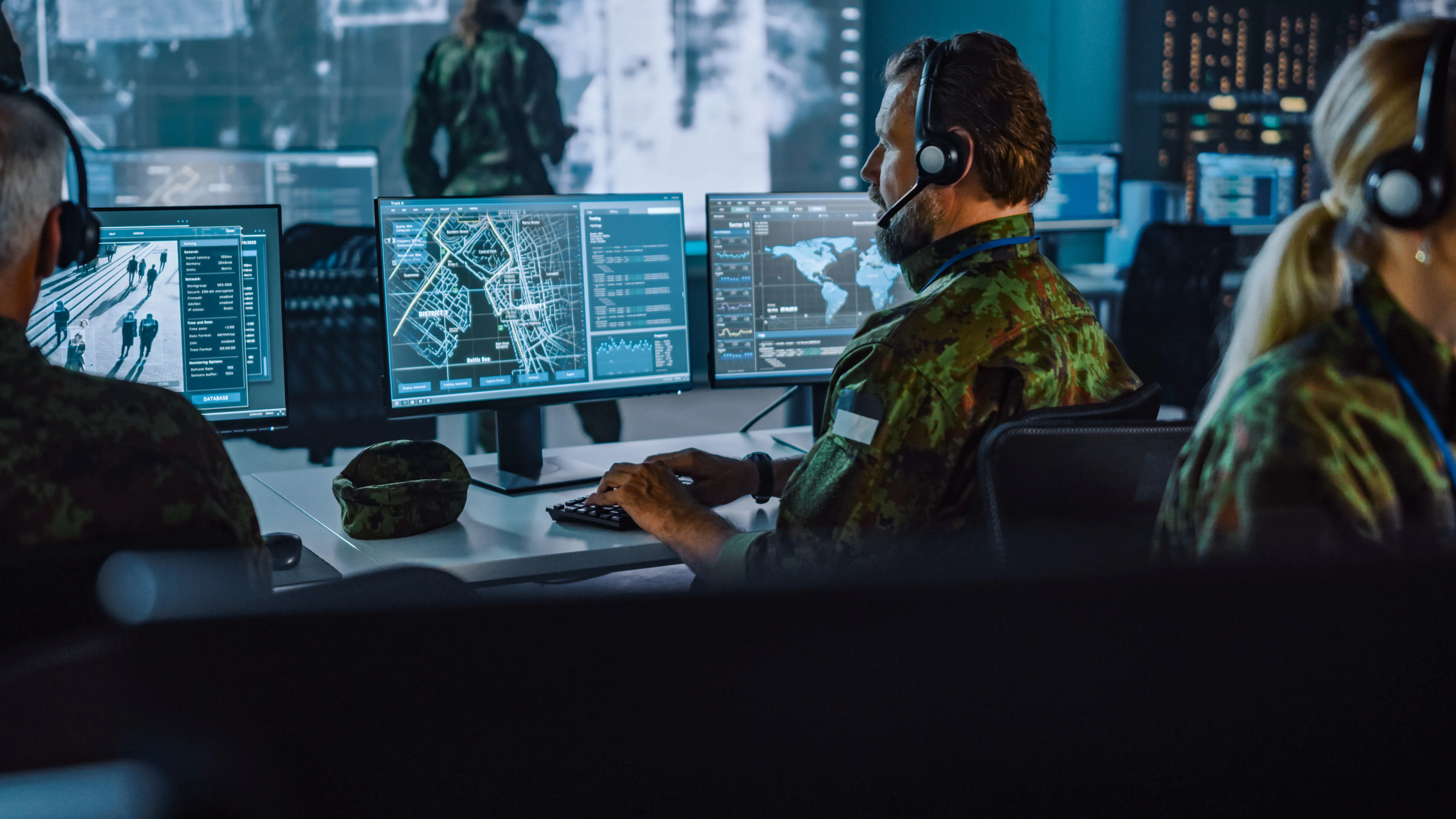Image of defence worker in front of computer screens