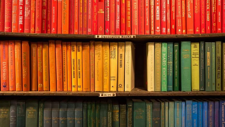 Bookshelves filled with red, orange, yellow, green and blue books