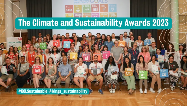 Group of people holding SDG boards and text reading 'The Climate and Sustainability Awards 2023'