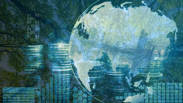 A graphic of a globe and some money overlaid with an image of trees