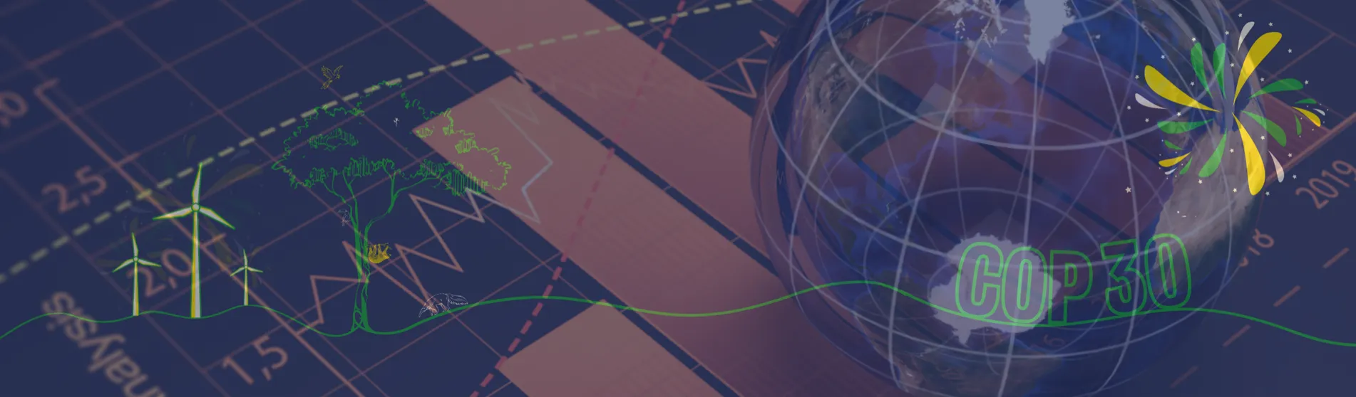 A see through globe against a background of finance graphics, overlaid with the text COP30