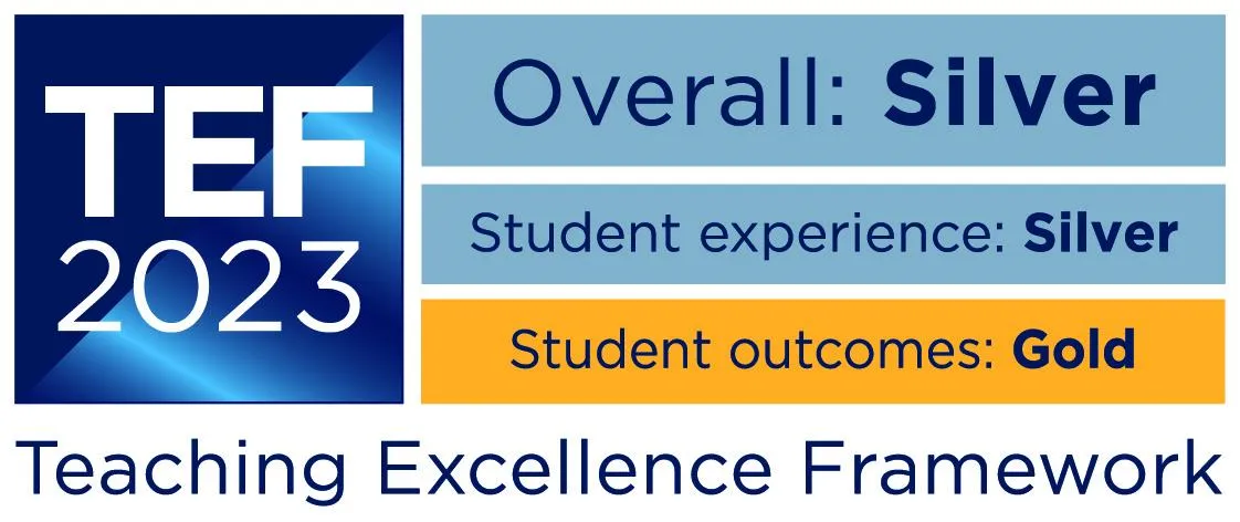 TEF 2023 logo with 'overall' and 'student experience' outcomes of silver, and 'student outcome' outcome of gold.