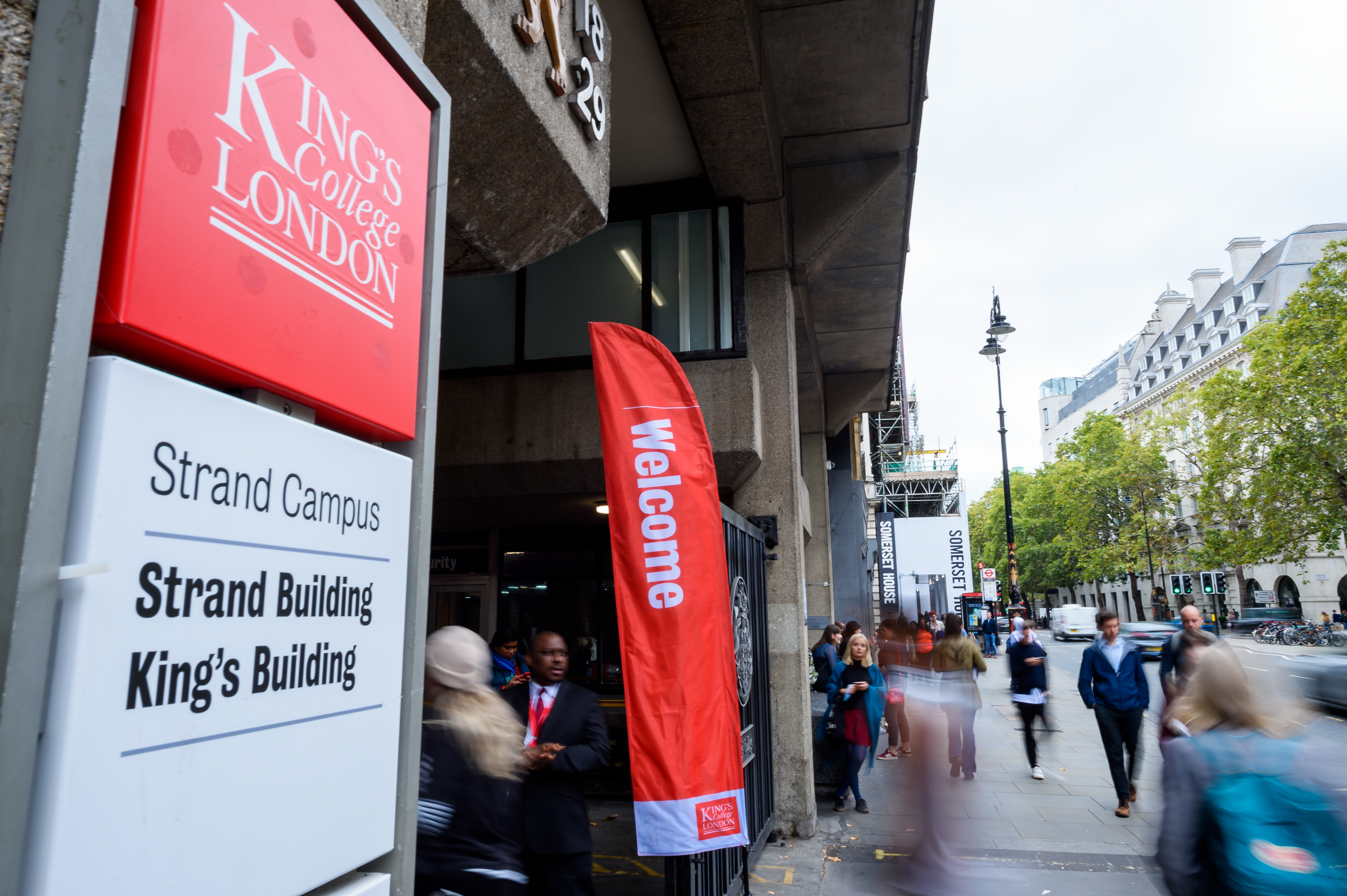 Welcome to King's sign outside Strand campus entrance